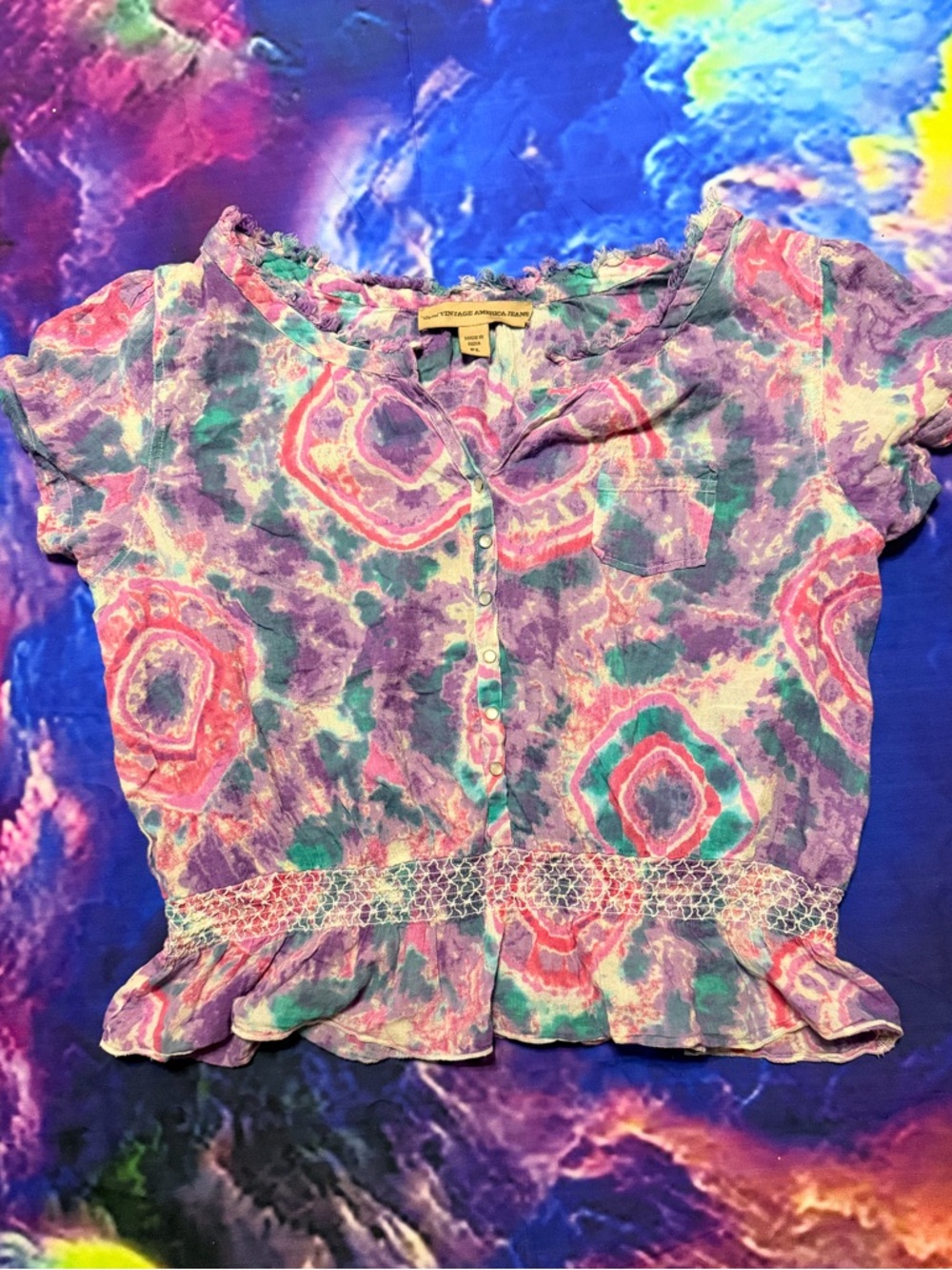 Vintage America Tie-Dye Ruffle Button-Front Top in Purple, Pink, Teal, Cream